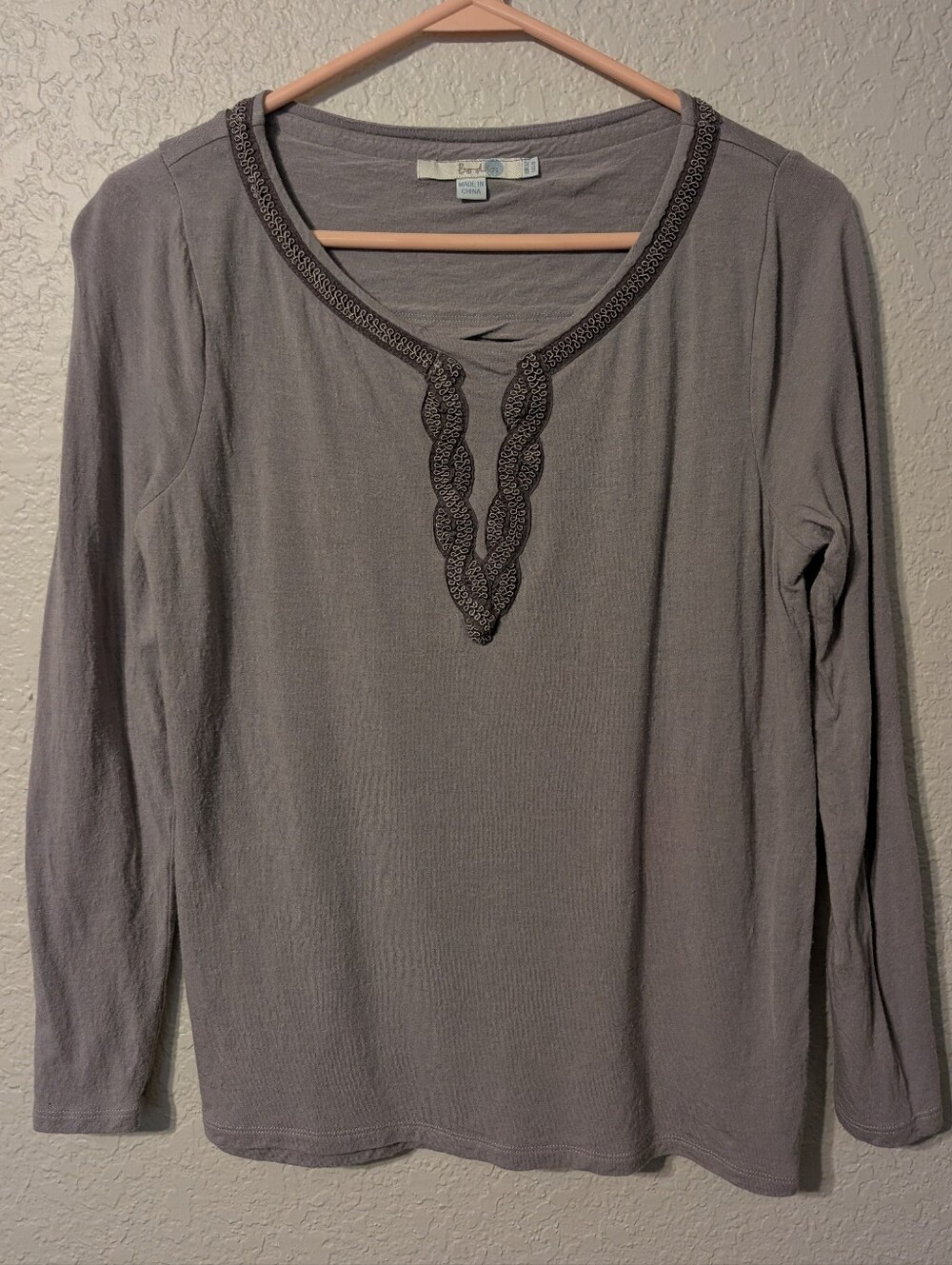 Boden Grey Long Sleeve Wool Blend Tee Shirt w/ Embroidered Neckline, Size 8